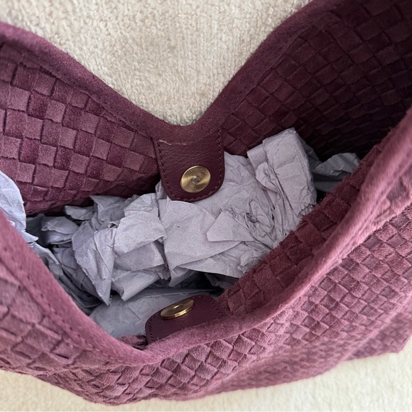 Woven Suede Leather Slouchy Hobo Shoulder Bag, Burgundy Red Purple - Picture 11 of 15